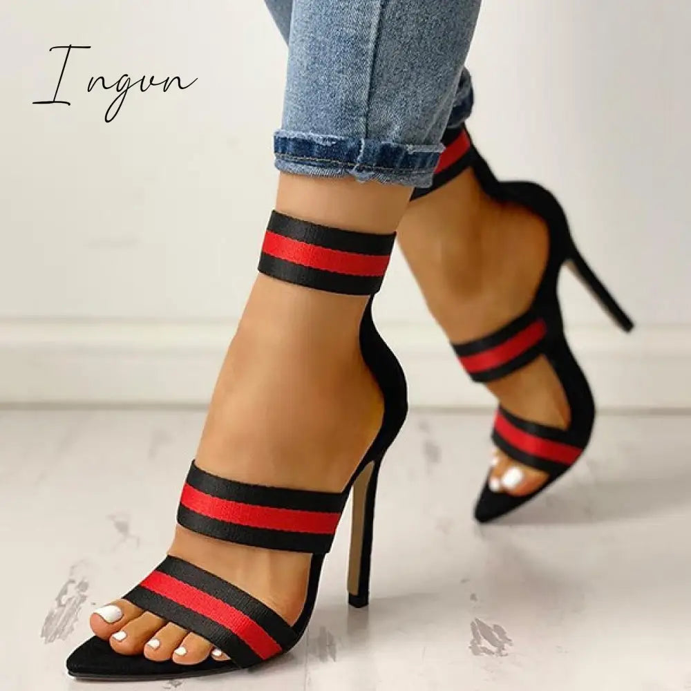 Ingvn - Stripes Open Toe Thin Heels