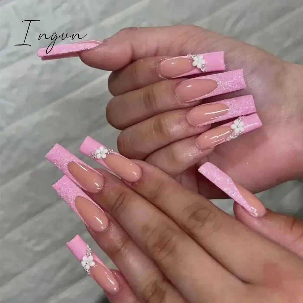 24pcs Artifical Bails With Glue Fake Nail Tips With Design Detachable Press On Nails Long Fake Nail Finished Nail Piece Sticker