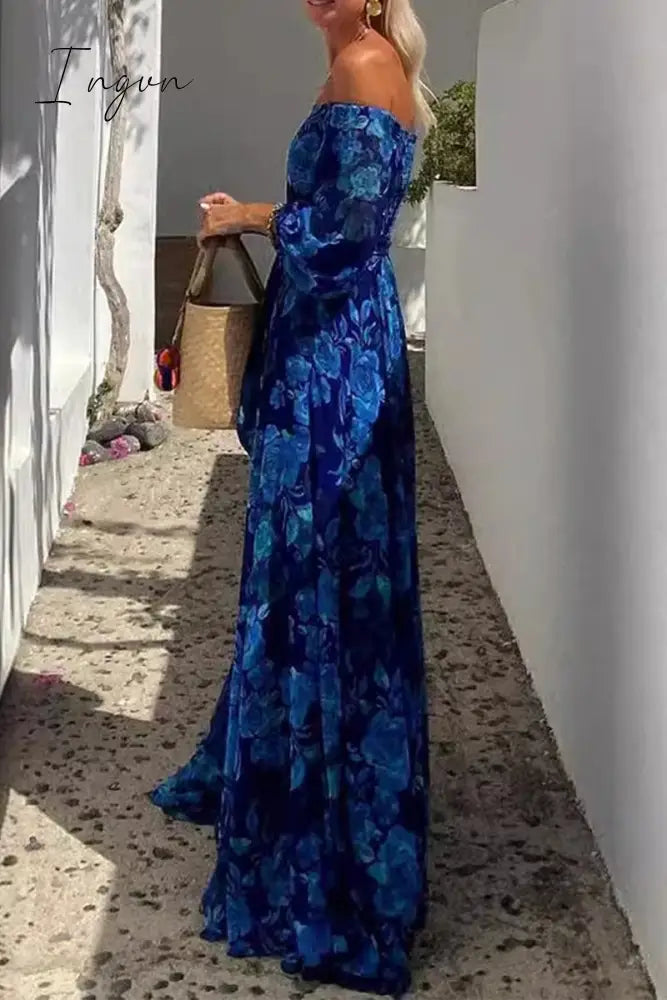 Ingvn - Sexy Vintage Print Flowers Patchwork Off the Shoulder A Line Dresses