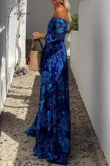 Ingvn - Sexy Vintage Print Flowers Patchwork Off the Shoulder A Line Dresses
