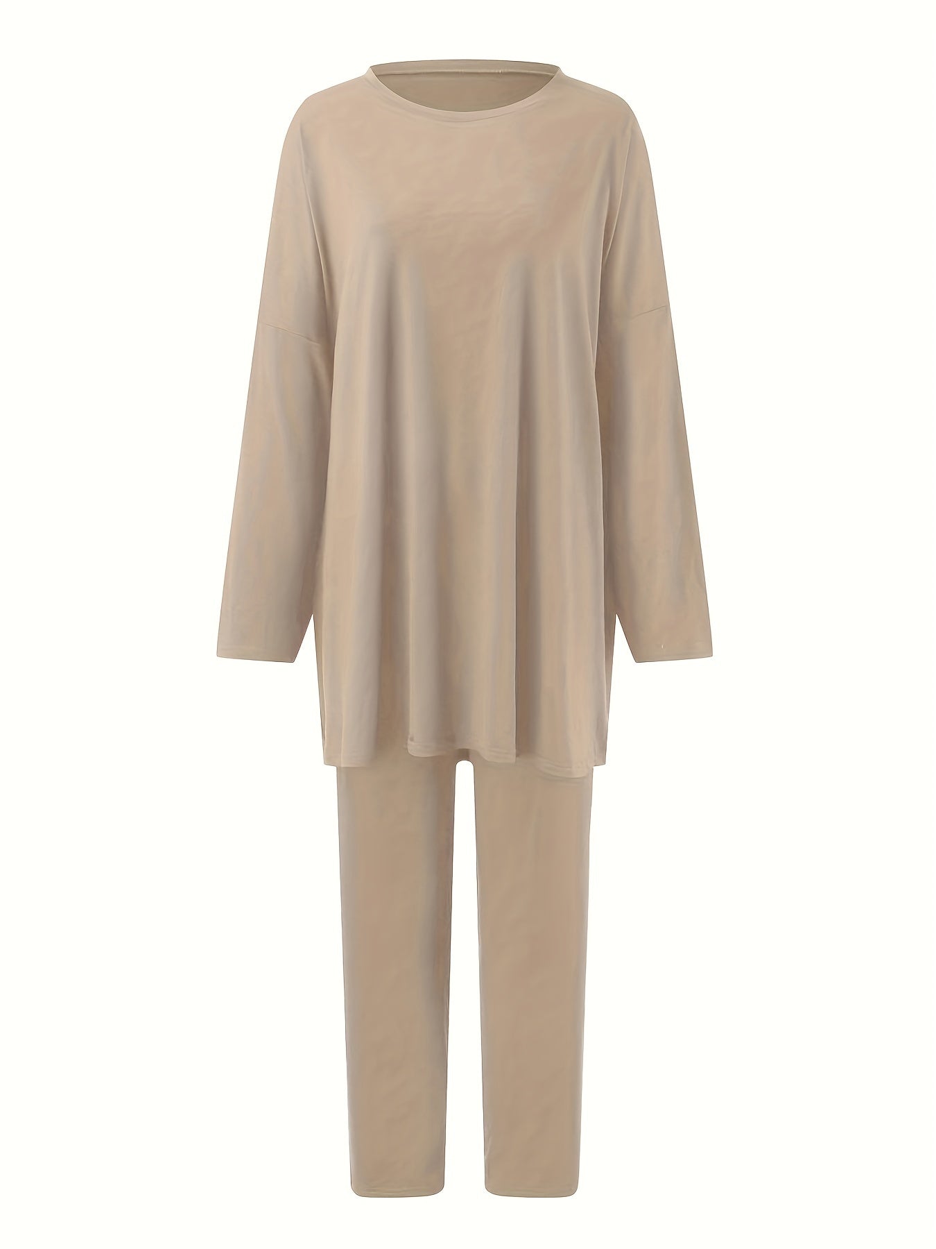 Plus Size Casual Outfits Set, Women's Plus Solid Long Sleeve Round Neck Oversized Top & Leggings Outfits Two Piece Set