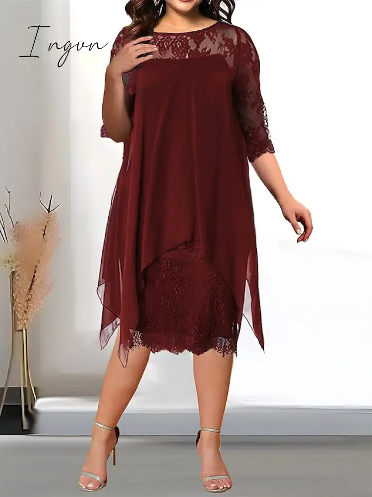Ingvn - Women's Plus Size Party Dress Solid Color Crew Neck Lace 3/4 Length Sleeve Spring Summer Casual Prom Dress Midi Dress Party Work Dress / Lace Dress / Homecoming Dress