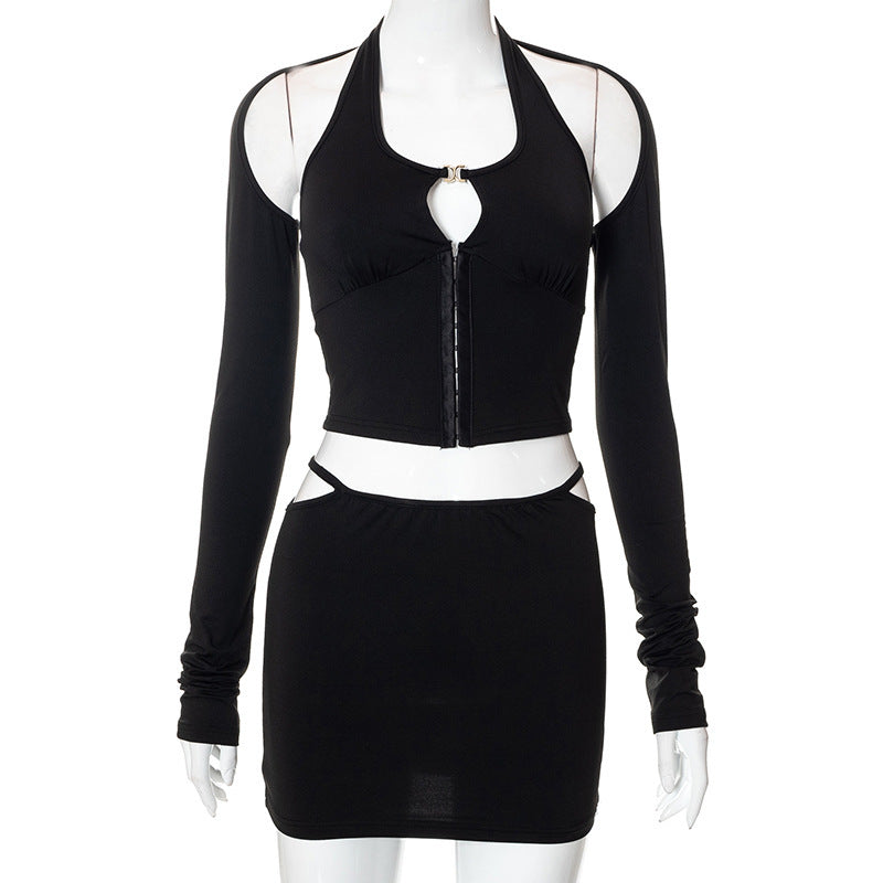 Pphmm going out outfits Summer Solid Color Halter Hook Buckle Long Sleeve Top Low Waist Hollow out Women's Dress Suit