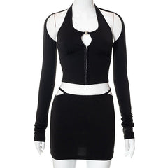 Pphmm going out outfits Summer Solid Color Halter Hook Buckle Long Sleeve Top Low Waist Hollow out Women's Dress Suit
