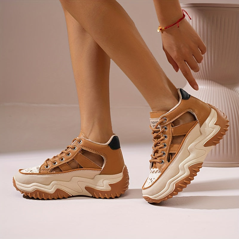 Fashionable Womens Platform Sneakers - Breathable Hollow Out Design - Lightweight Summer Shoes for Stylish Outdoor Adventures - Versatile Lace-Up High Tops for All-Day Comfort