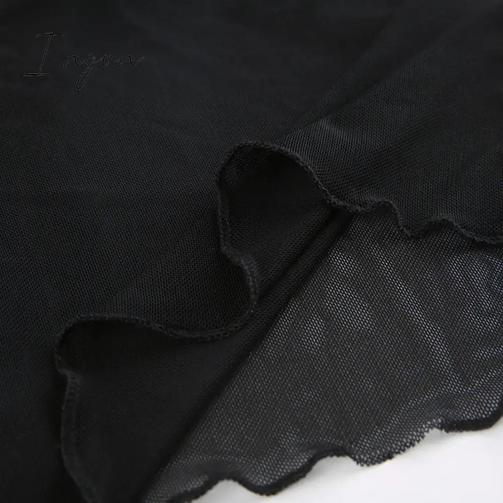 Ingvn - Hot Sell Slash Neck Sexy Black Mesh T-Shirts Women Lace Patchwork Rave Goth Clubwear Backless Halter Tie Up Spaghetti Strap Tops