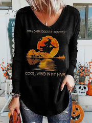 Ingvn - Women's T shirt Tee Tunic Black Blue Green Letter Ghost Print Long Sleeve Halloween Basic V Neck Regular Loose Fit S