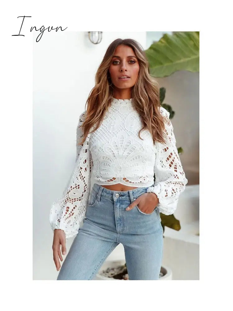 Ingvn - Sexy Long Sleeve Lace Blouse Women Tops Casual White Crochet Hollow Out Cropped Women's Shirt Turtleneck Female Blusas 16296