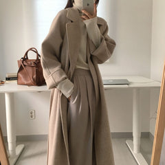 Autumn Winter Thicken Loose Wool & Blend Coats Women Elegant Lapel Full Sleeve Lace-up Oversized Female Outwear