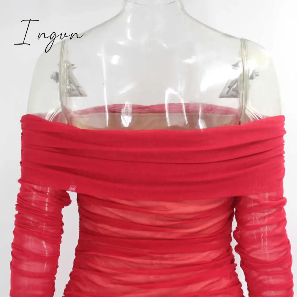 Ingvn - Trends high quality Off Shoulder Ruched Double Layer Mesh Dress Women Long Sleeve Sexy Dresses Ladies Autumn Party Long Christmas Dress