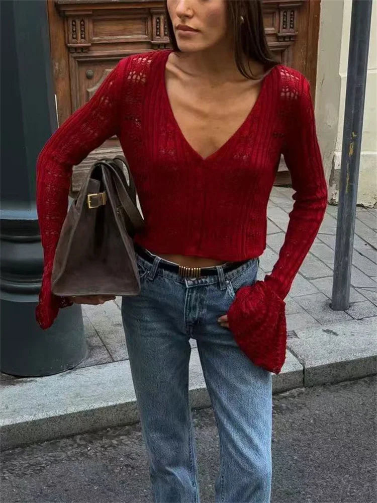Knitwear Hollow Out Sweater Cardigan Women V-Neck Long Sleeve See-Through Cropped Top Summer Knit Patchwork Cardigan Top