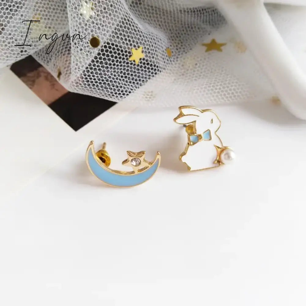 Korean Style Flower Cute Animal Dangle Earrings For Women Moon Stars Kitten Rabbit Balloon Asymmetric Earring Party Jewelry Gift