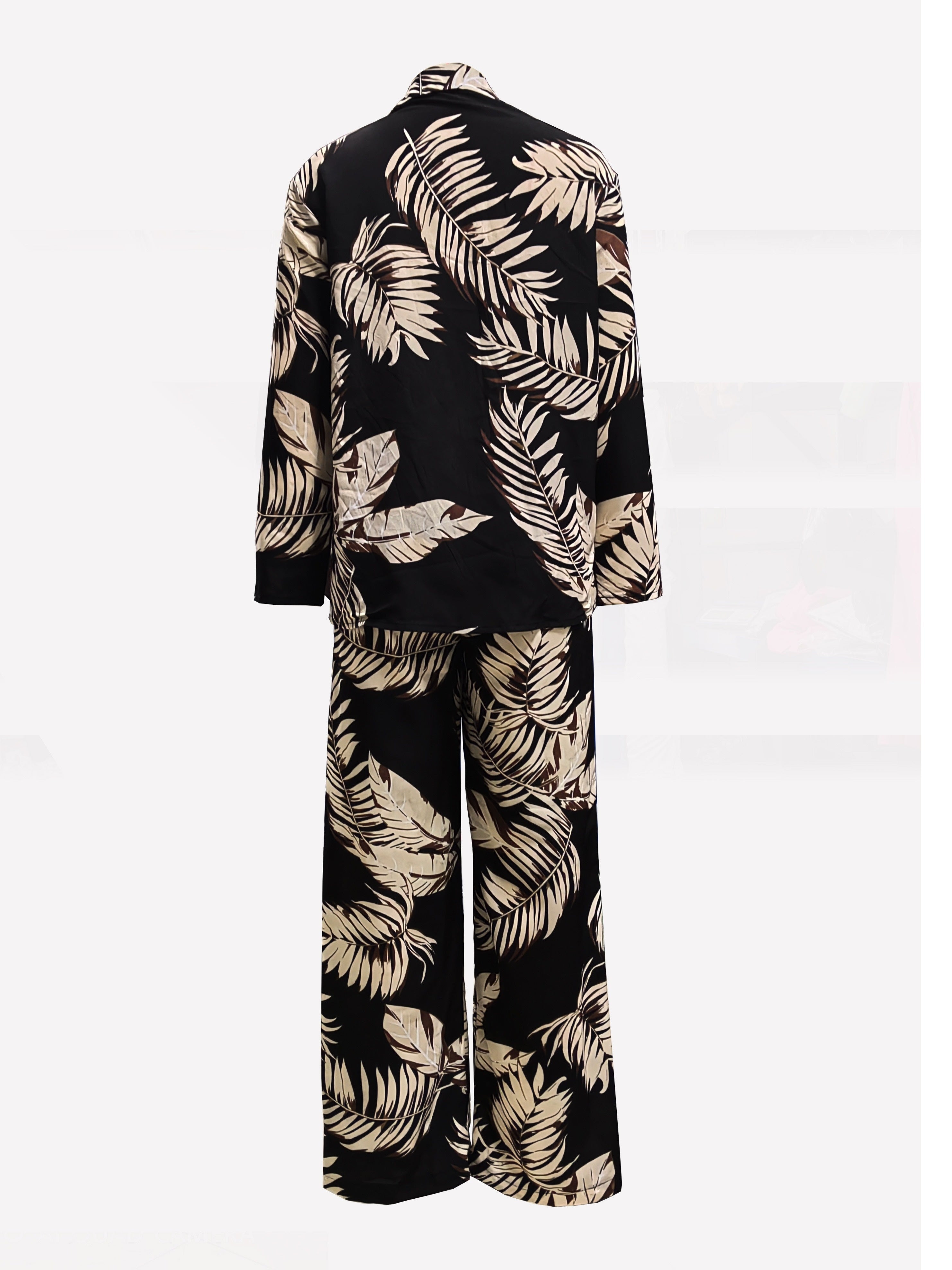 Two-piece Set, Leopard Print Button Front Long Sleeve Shirt & Wide Leg Pants Outfits, Women's Casual Clothing