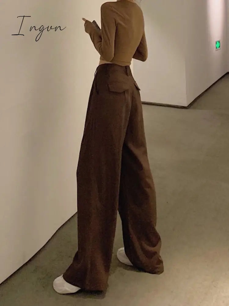 Ingvn - women Retro Solid Color Wild Straight Wide Leg Pants Female Spring New Korean Fashion High Waist Casual Long Pants
