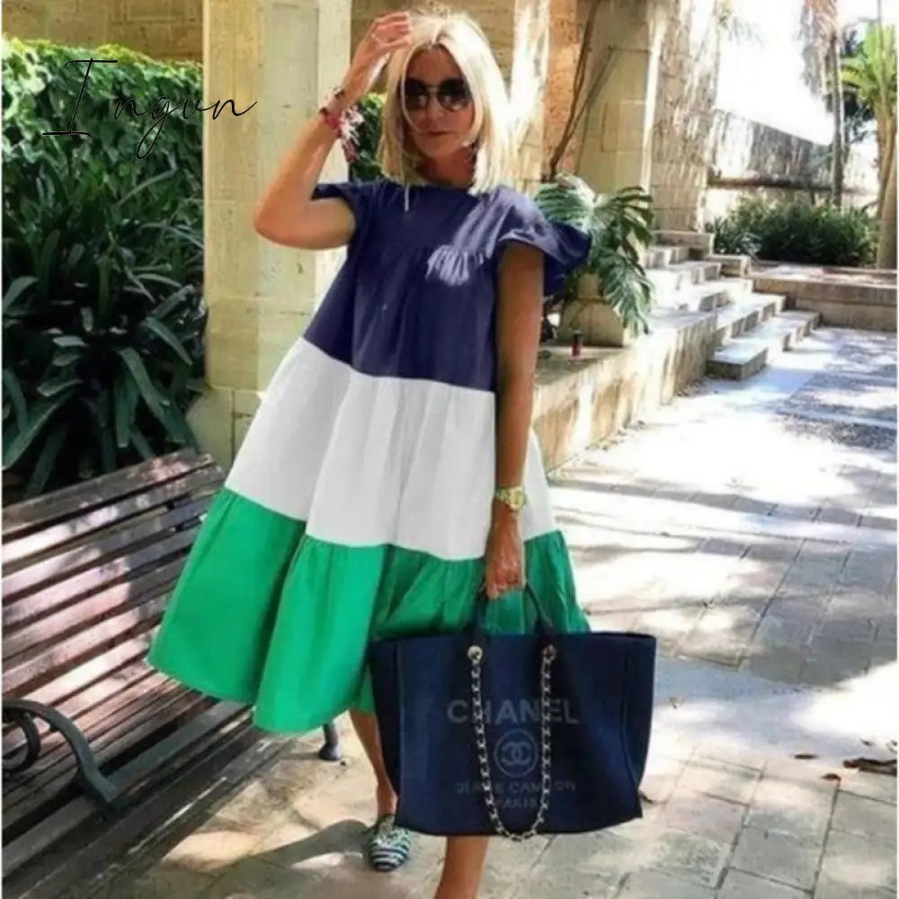 Ingvn - New Summer Solid Color Women Dress Short Sleeve Loose Chic Pleated Dress Beach Casual White Black Pink Dress Lady Vestidos
