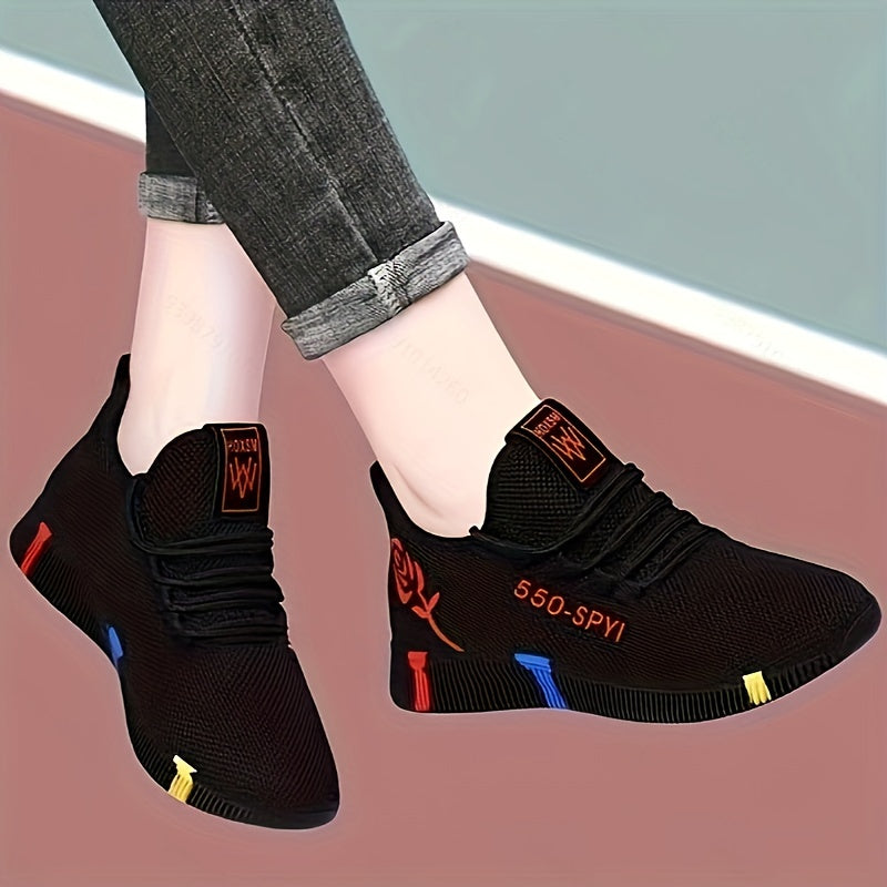 Women's Rose Pattern Sports Shoes, Stylish Low Top Walking Sneakers, Lightweight & Breathable Outdoor Trainers