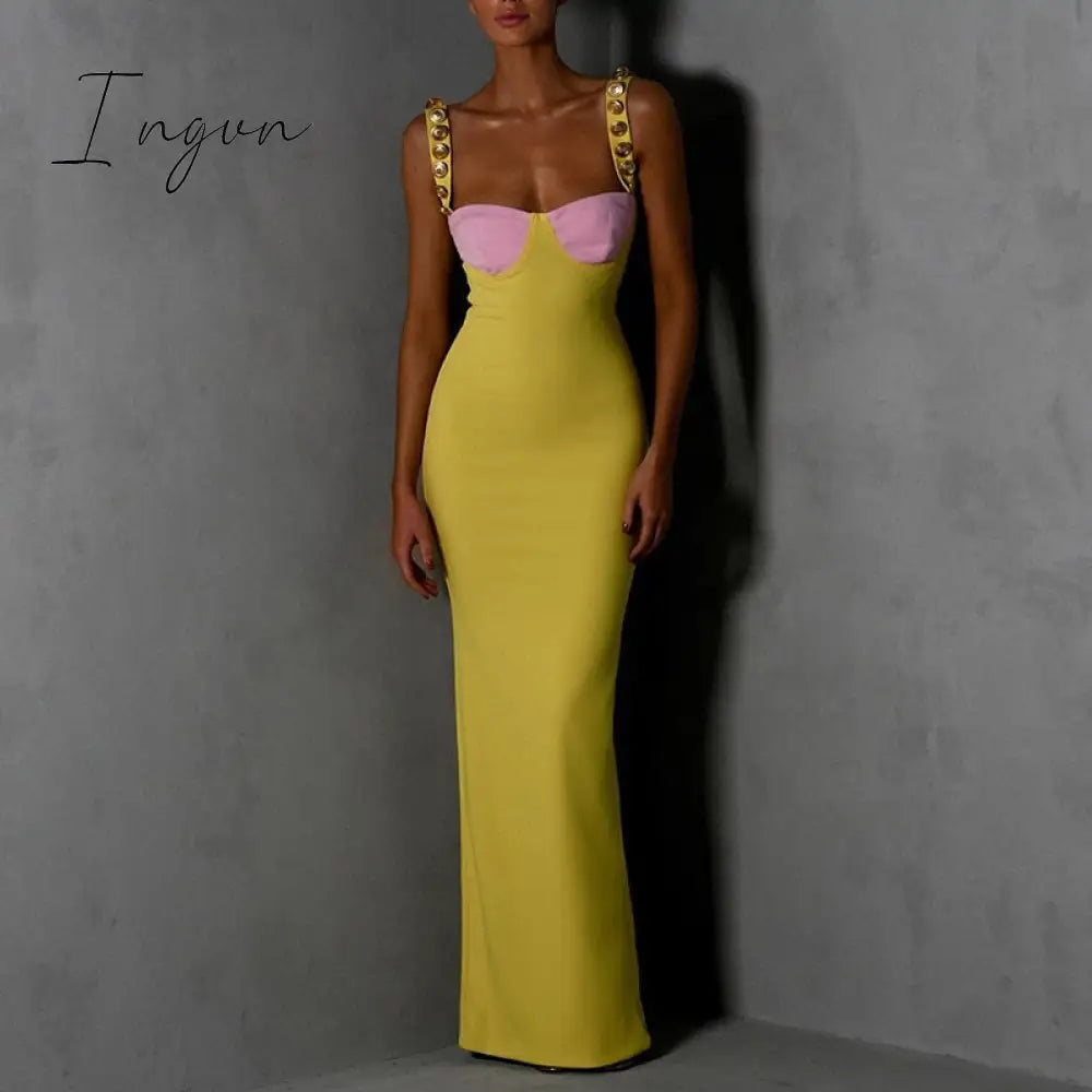 Ingvn - Elegant Strapless Sexy Bodycon Maxi Dress Summer Sleeveless Button Buckles Slim Bandage Long Party Women Dress Midi Vestidos