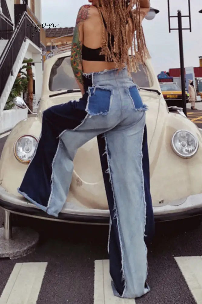 Ingvn - Casual Patchwork Contrast High Waist Denim Jeans
