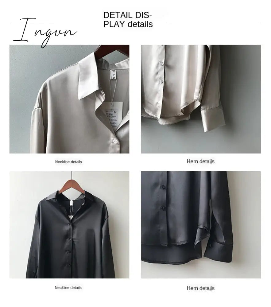 Ingvn - Silk Korean Office Ladies Elegant Shirt Blouse Women Fashion Button Up Satin Shirt Vintage White Long Sleeve Shirts Tops 11355