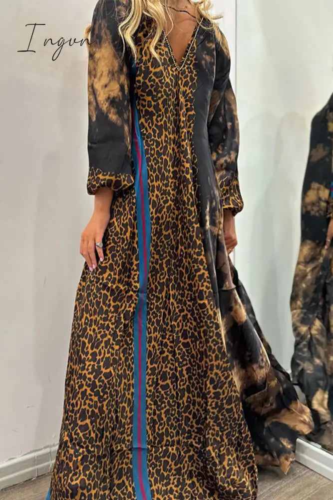 Ingvn - College Leopard Printing V Neck Printed Dress Dresses