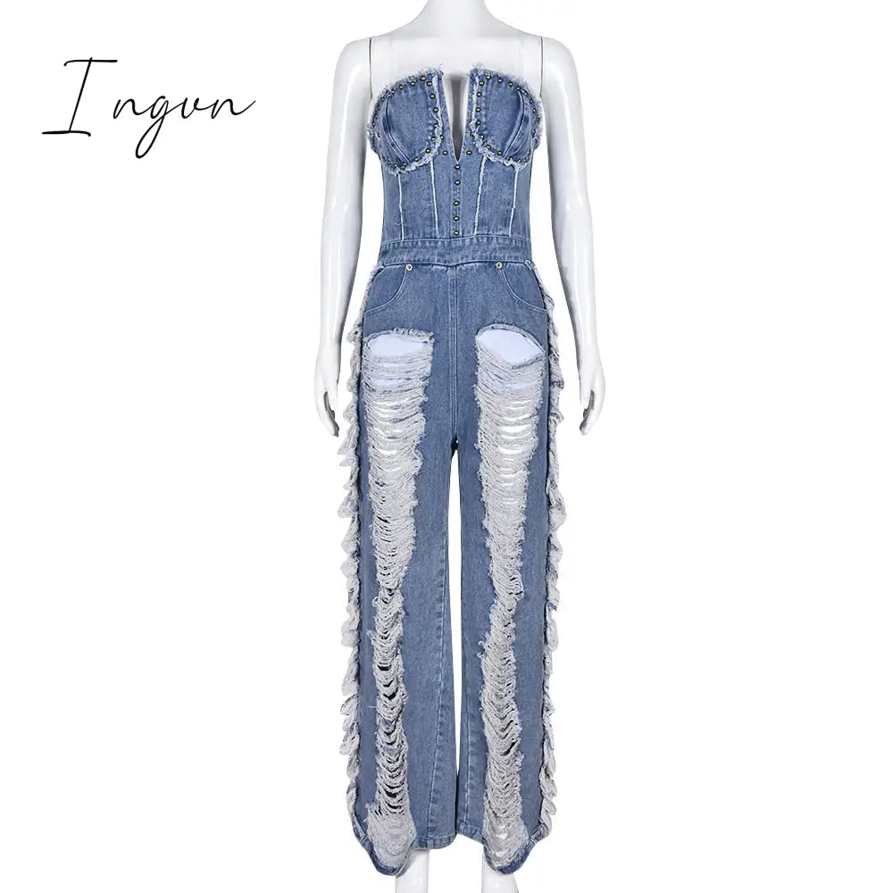Ingvn - Vintage Hole Tassel Denim Jumpsuit Women 2023 New Fashion Sexy Off The Shoulder V Neck Rivet Club Party Romper Y2K One Pieces