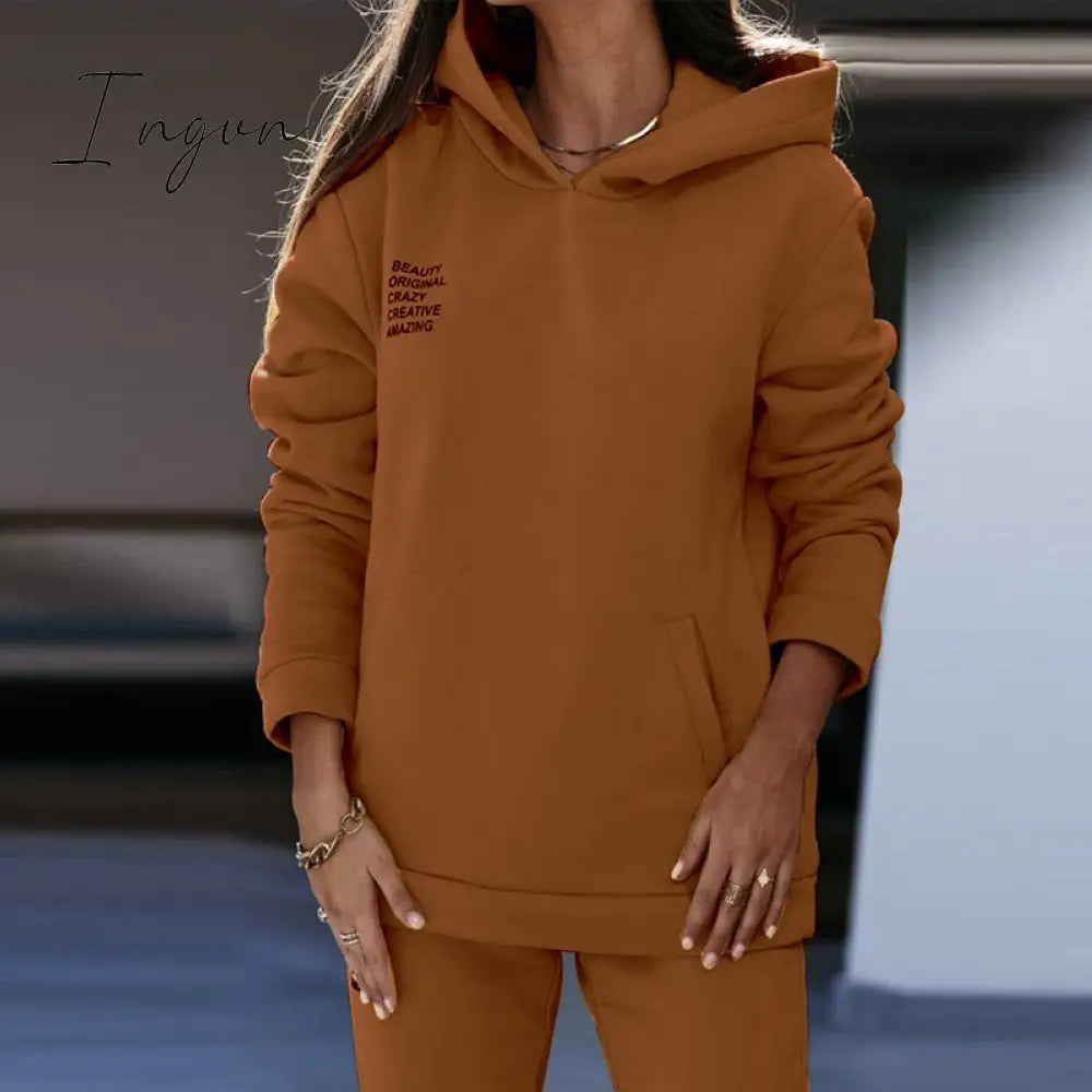 Ingvn - Women Fleece Letter Print Two Piece Set Casual Long Sleeve Hoodie Sweatshirts And Jogging Pants Suits Loose Female Tracksuits