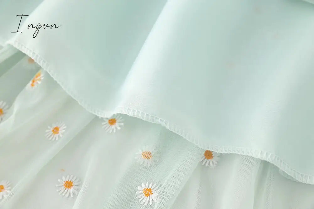 Ingvn - small daisies embroidery mesh dresses women sexy off the shoulder french vintage party ruffle dresses elegant vestidos