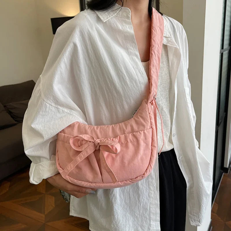 Ingvn  Popular Preppy Style Nylon Bow Hobo Bag Women Cute Pretty Pleated Shoulder Crossbody Bag Drawstring Exquisite Shoulder Bag