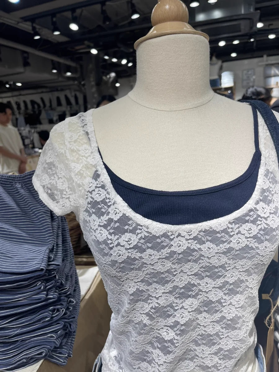 White Lace Sexy Transparent Crop Top Summer Short Sleeve Crew Neck Thin Streetwear T-shirt Women Casual Chic Cute Tees Tops 2023