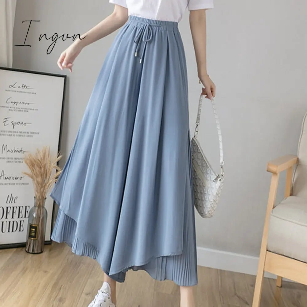 Ingvn - Elastic Wide Leg Pants Women Korean Fashion Chiffon Trousers Summer Casual Loose Pleated Pants Lady High Waist Street Skirt Pant