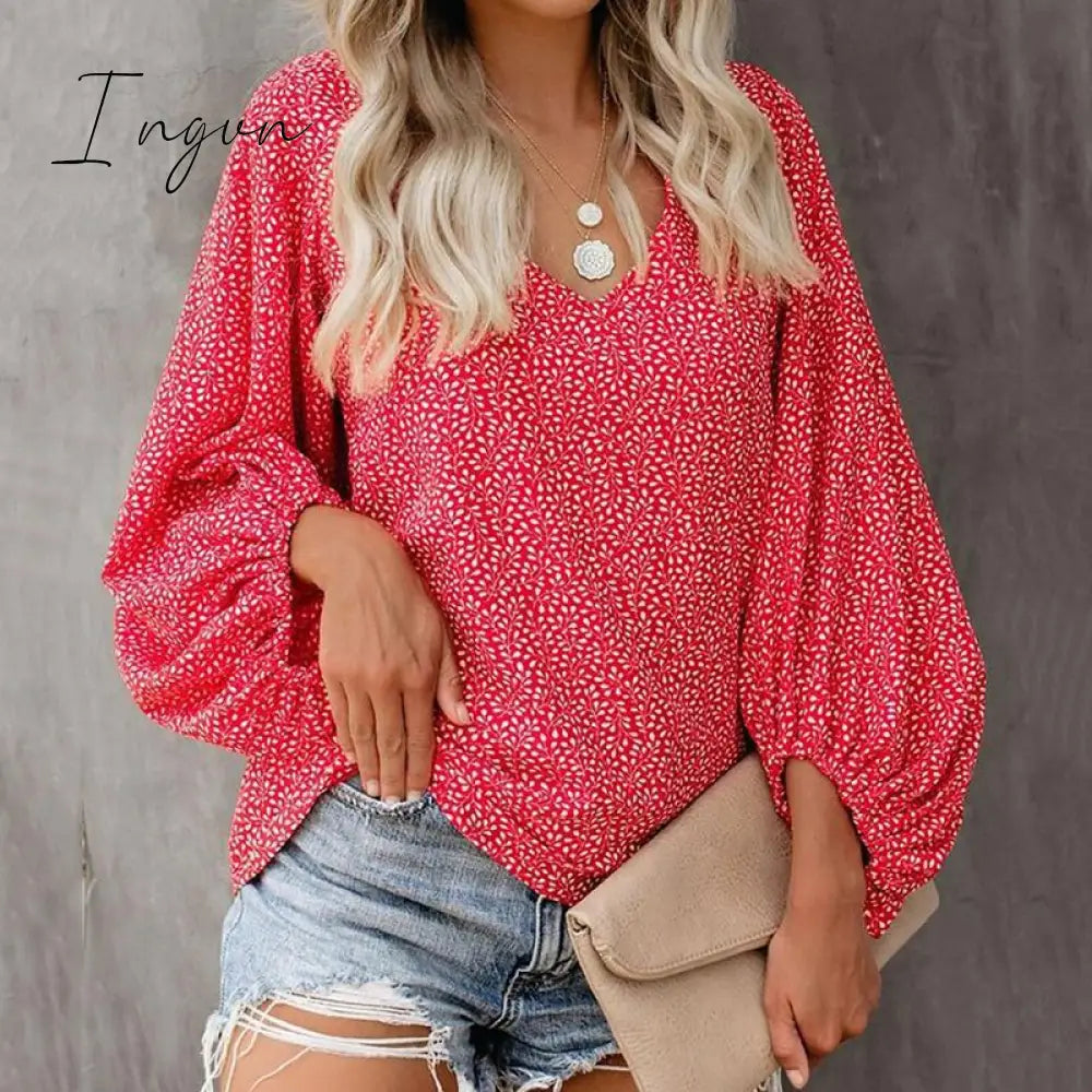 Ingvn - Summer Outfits Female Streetwear Oversized XXXL Tops Blusa Summer V Neck Long Lantern Sleeve Blouse Casual Women Printing Loose Elegant Shirts