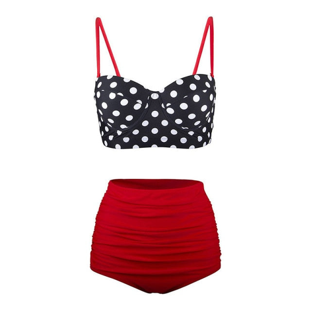 Women Swimsuits Vintage Bandeau Push Up Polka Dot Plus Size Bathing Suits High Waisted Bikini