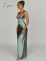 Ingvn - Satin V Neck Backless Maxi Dress Women Spaghetti Strap Bodycon Long Dress Elegant Sexy Party Club Dress Vestidos