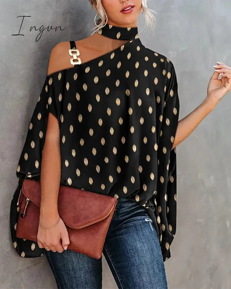 Ingvn - Women Metal Halter Hollow Out Print Top Patchwork Short Sleeve Loose Summer Blouse Femme Fashion Pullovers Casual Youth New