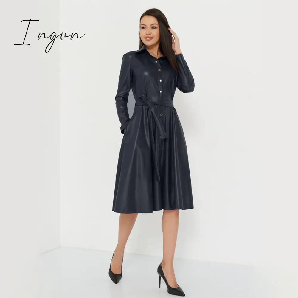Ingvn - Winter Casual Sashes Pu Leather A-Line Dresses Women Turn-down Collar Long Sleeve Solid Color Knee Dress Office Lady Wear