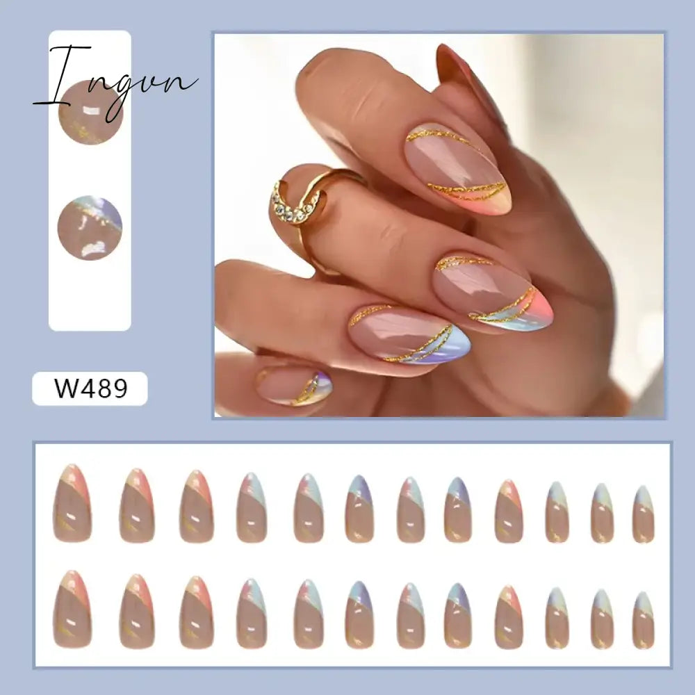 Simple French Wearable False Nails Almond Colorful Stripes Colorblock Design Manicure Fake Nails Line Full Cover Press On Nail