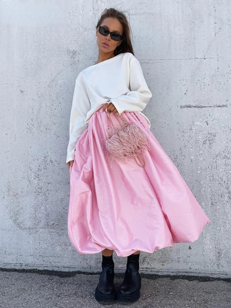 Ingvn  Fashion Beige Satin Balloon Skirts for Women High Waist Office Lady Ankle-Length Skirt Chic Loose Skirt Female Clothe