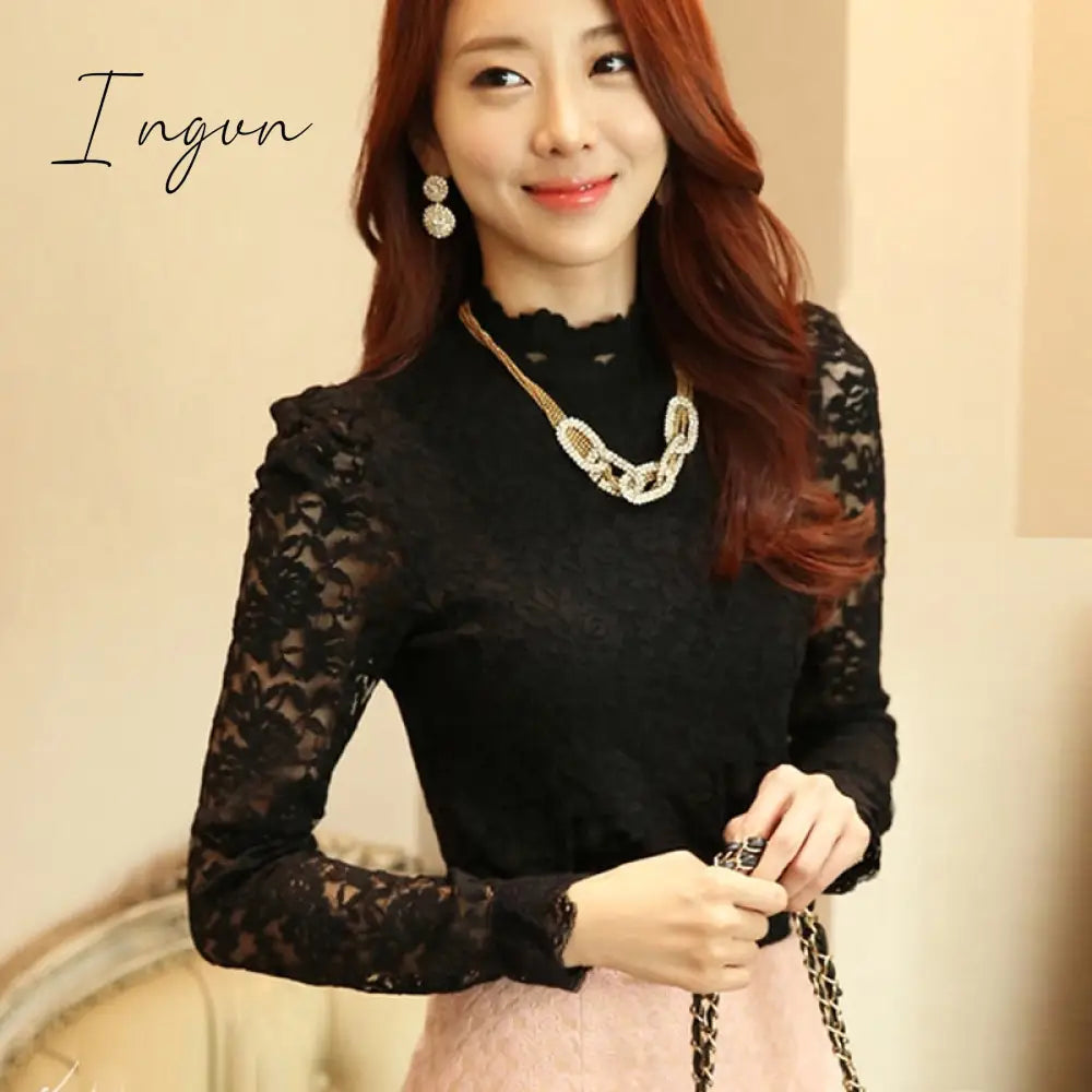 Ingvn - Fashion Plus Size Lace Crocheted Hollow Out Top Stand-up Collar White Blouse Woman Sweet Long Sleeve Shirts Blusas