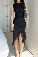 Sexy Celebrities Solid Fold Asymmetrical O Neck Irregular Dress Dresses