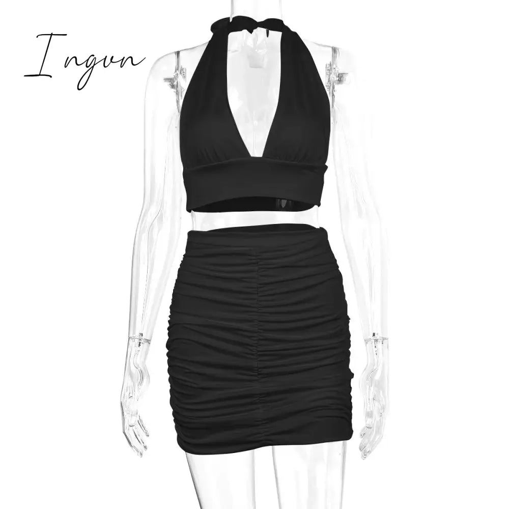 Ingvn - 2 PCS Sexy Ruffle Mini Dress Set Black Deep V Top Summer Skirts Suits Bodycon Women Party Tight Short Dress Suit