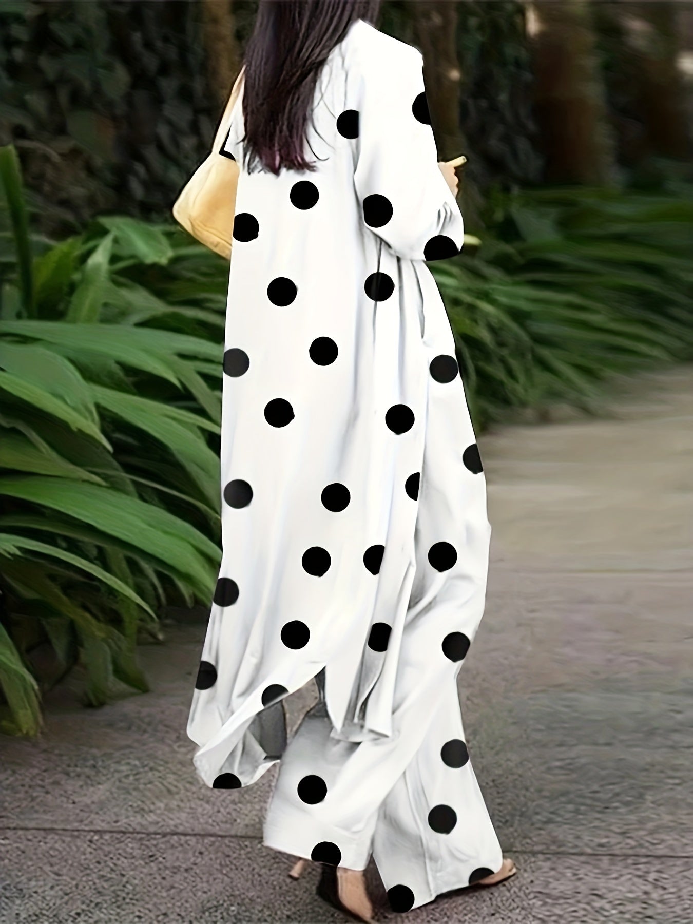 Plus Size Elegant Outfits Set, Women's Plus Dot Print Long Sleeve Lapel Collar Longline Shirt Top & Wide Leg Pants Outfits Two Piece Set