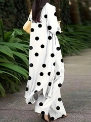 Plus Size Elegant Outfits Set, Women's Plus Dot Print Long Sleeve Lapel Collar Longline Shirt Top & Wide Leg Pants Outfits Two Piece Set