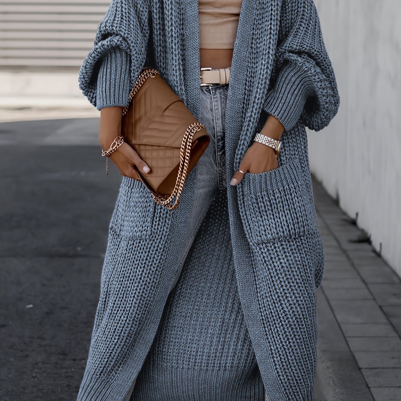 Solid Open Front Pocket Cardigan, Casual Long Sleeve Long Length Sweater For Fall & Winter, Women's Clothing