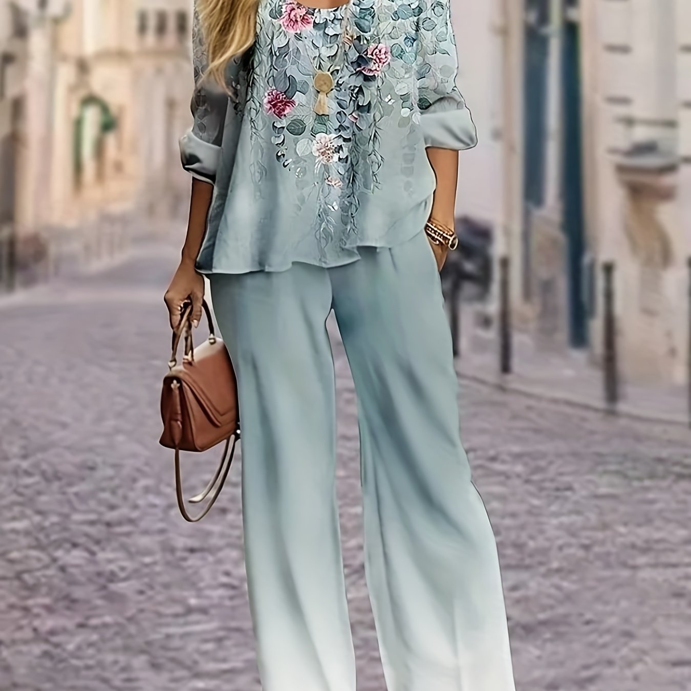Plus Size Casual Outfits Set, Women's Plus Floral Print Long Sleeve Round Neck Top & Wide Leg Pants Outfits Two Piece Set