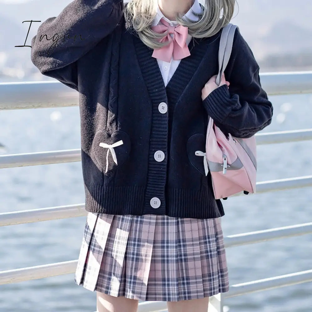 Ingvn - Spring Japan Kawaii Fashion Pink Cardigan Women Vintage Crop Knitted Sweater Cute Bow Heart Korean JK School Coat