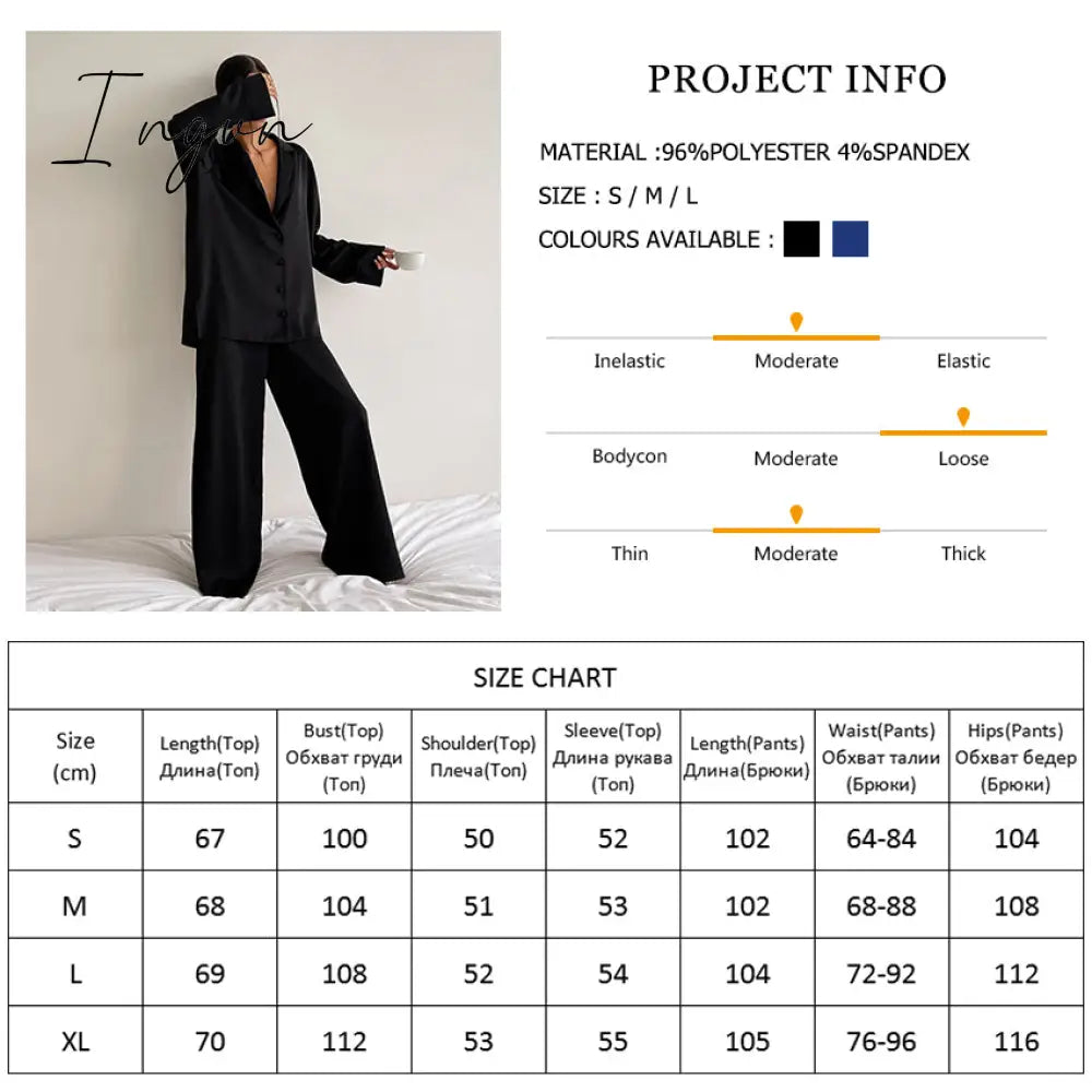 Ingvn - Oversized Satin Silk Sleepwear Low Cut Sexy Pajamas For Women Single-Breasted Long Sleeves Wide Leg Pants Trouser Suits