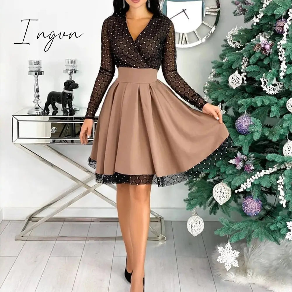 Ingvn - Spring Outfits Fashion Shiny Sequin Diamond Mesh Stitching Dress Women Spring Autumn Sheer Long Sleeve Belted Slim A Line Dresses