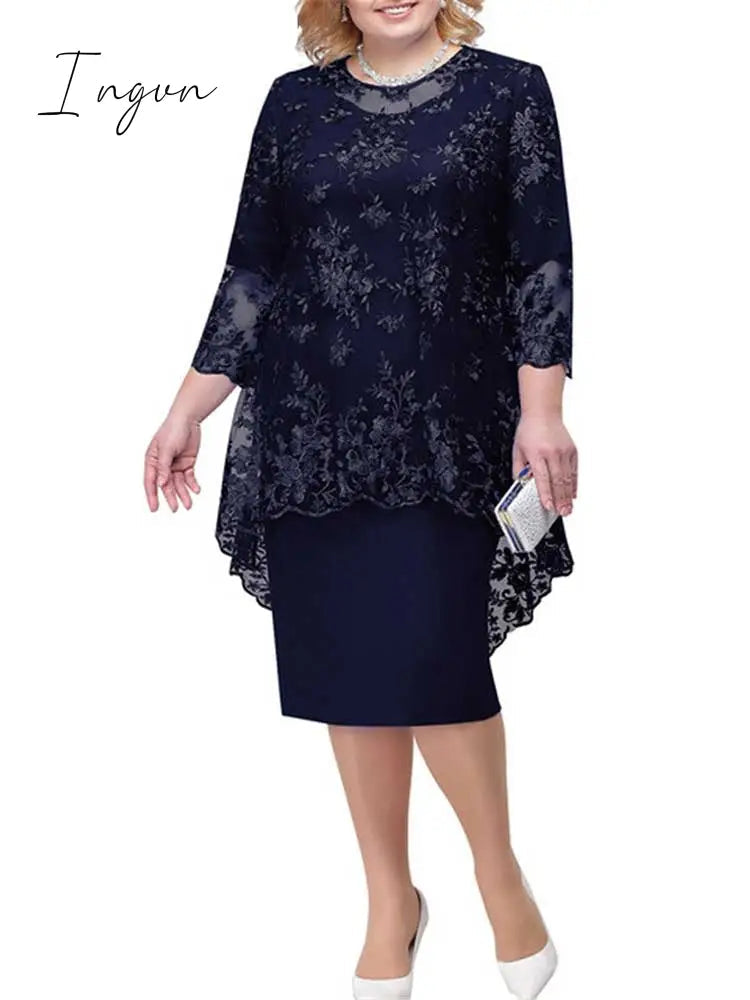 Ingvn - Women Plus Size Dress O-neck Midi Loose Dress M-5XL Lady Evening Lace Mesh Sexy Elegant Dress Female Clothing Summer Autumn