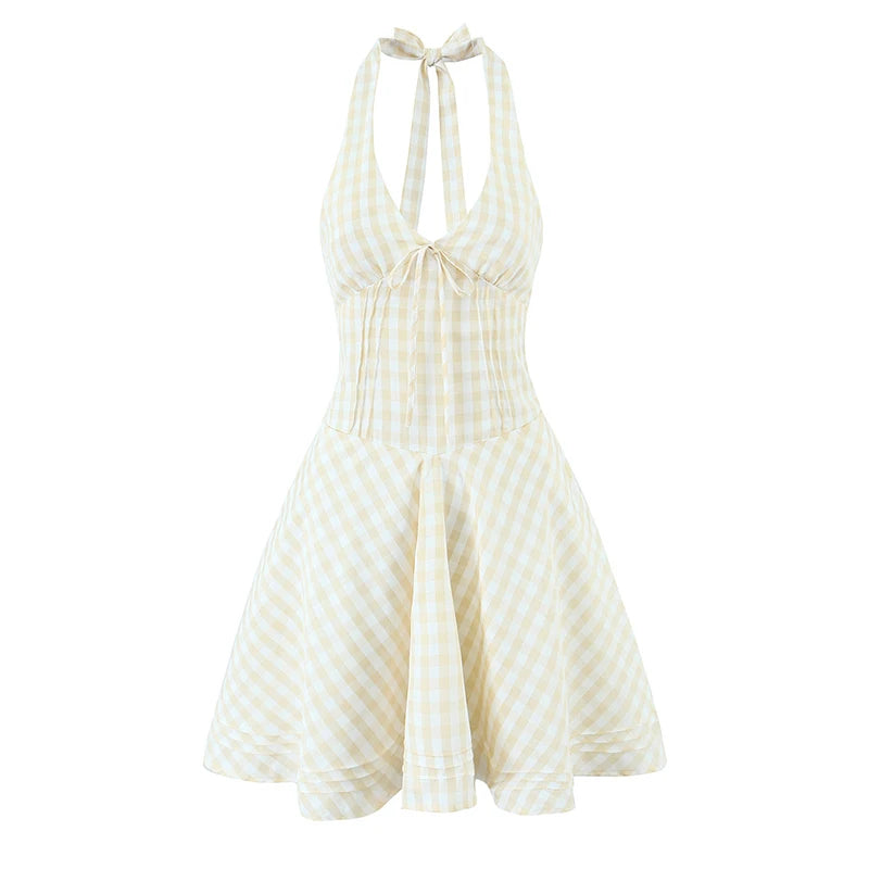 Sexy Backless Halter Mini Plaid Dress Women Deep V  Lacing Up Bandage Back A-line  Holiday Summer Dresses Short Robe