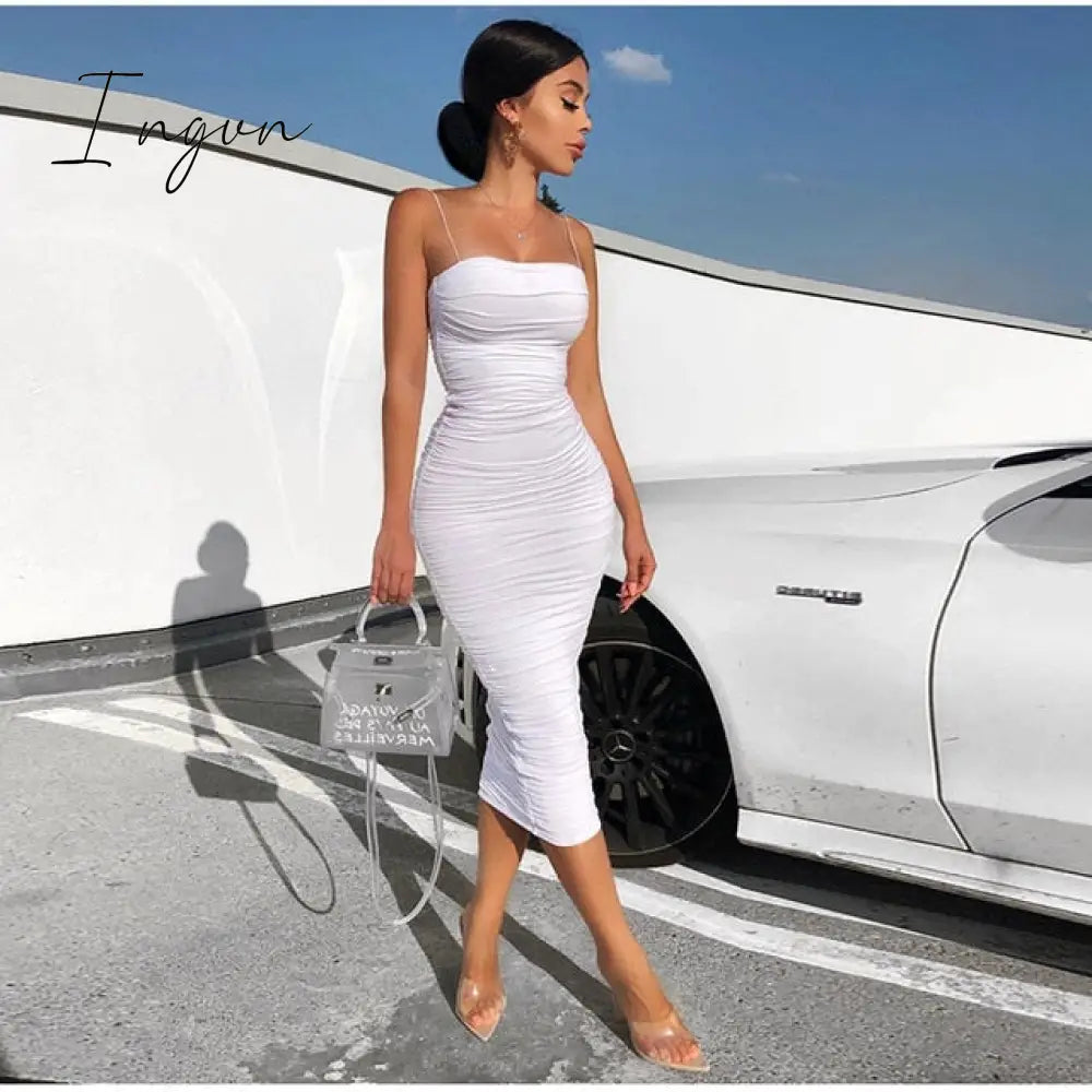 Ingvn - Women Bodycon Dress Female Lantern Sleeve Y2K Corset Chiffon Dresses Beach Vacation Outfit Sexy Party Mini White Dress Summer